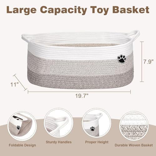 Optish Dog Toy Basket, 30L Toy Box and Bin for Dog Cat Storage, 19.7" X 11" X 7.9" Large Woven Rope Basket for Blanket Storage, Living Room, Bedroom, White & Brown