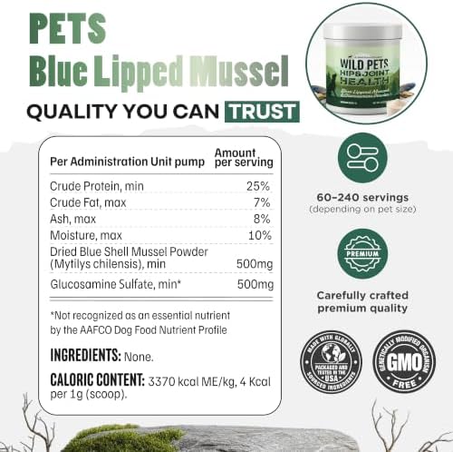 Wild Pets Blue Lipped Mussel & Glucosamine – Dual-Action Dog Hip & Joint Supplement – 500mg Mussel + 500mg Glucosamine per Scoop – 6oz/120 Servings – Higher Protein Than Green lipped Mussels for Dogs