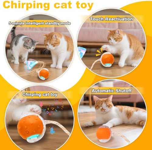 Interactive Cat Toys Ball for Indoor Cats,Automatic Cat Toy with Elastic Mesh Tail,Rechargeable Rolling Kitten Toy,Cat Enrichment Toys for Indoor Cats (RedYellow1, Cat Toy Ball)