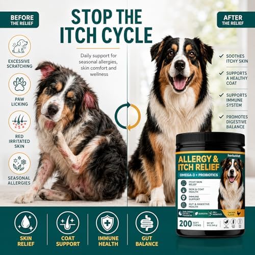 Dog Allergy Chews, Dog Allergy & Itching Skin Relief, with Omega-3 & Multivitamins, Probiotics, Seasonal Allergy Support, Immune, Gut & Skin Health Support, Skin Redness Relief, Chicken Flavor, 200 Ct