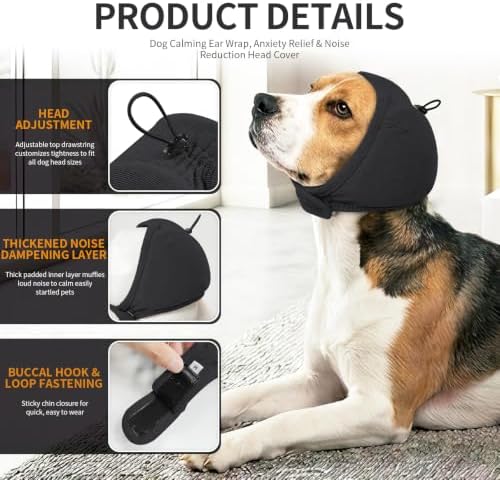 BRKURLEG Dog Ear Cover Noise Protection, Thick Padded Ear Wrap, Black, L | Adjustable Calming Hoodie for Anxiety Relief, Anxiety Relief Head Cover, for Firework, Thunderstorm, Grooming & Winter Warmth