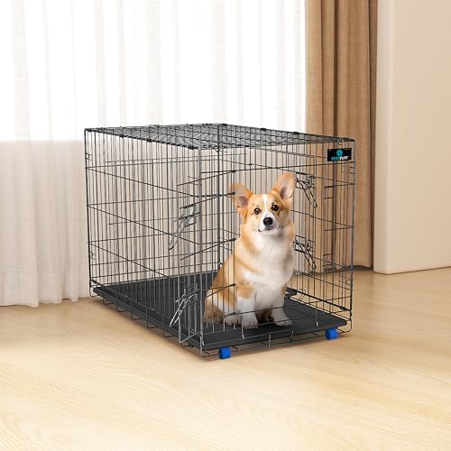 PetsTuff Great CRATES 36” Large Dog Crate - Heavy-Duty Dog Kennel with Divider Panel for Pets 40-60lbs - Durable Leaf-Proof Tray - Foldable, Carry Handle & Wheels for Easy Moving - Two-Door Dog Cage