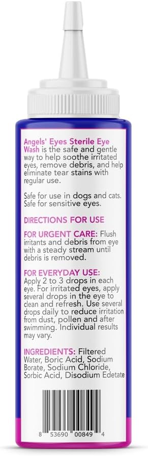 Angels' Eyes Multi-Purpose Sterile Eye Wash 4 oz Eye Cleaner and Rinse, Tear Stain Reducer for Allergies, Debris, Mucus, Irritation and Weepy Eyes for All Dogs with Boric Acid