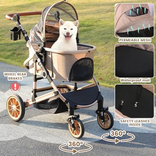 Bicystar Pet Stroller - Tan, Detachable Carrier, up to 50lbs