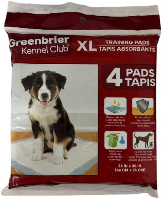 4 Count Greenbrier Kennel Club XL Training Pads Heavy Duty Super Absorbent 26 x 30 Inch Floor Protecting Dog Pee Pad Puppy Training Pads