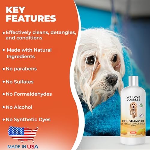 Dog Shampoo, Conditioner & Detangler, Hypoallergenic, Tearless, Mango, 16OZ | For Sensitive Itchy Skin, Hypoallergenic, Tearless, Best Shampoo For Smelly Dogs, Goldendoodle, Poodle & Doodle, Made in USA