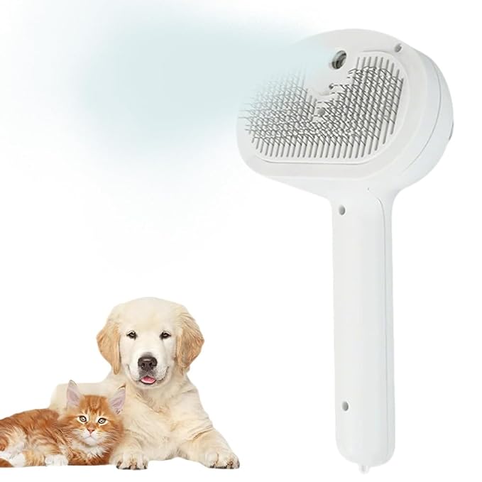 3-in-1 Steam Grooming Brush for Dogs & Cats, Self-Cleaning Detangling Comb with Cool Mist, Reduces Shedding & Static, Ideal for Long & Short Haired Pets, White