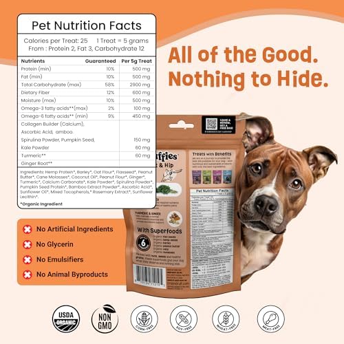 Gruffies Joint & Hip Dog Treats, Peanut Butter Soft Treats with Turmeric, Ginger & Flaxseed, USDA Organic, Non-GMO, Soy-Free, Wheat-Free, Corn-Free, Made in Canada, 6 oz (Pack of 6)