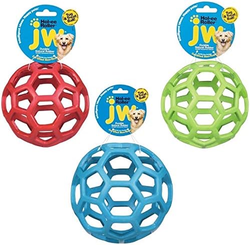 JW Pet HOL-ee Roller, Natural Rubber, Small 3in, Colors May Vary | Puzzle Ball Design Dog Toy for Interactive Play and Chasing Fun