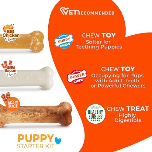 Nylabone Puppy Chew Puppy Starter Kit Dog Chew Toys & Treat, 3 Count, Small | For small breed puppies up to 15 lbs, chicken & bacon flavor, teething toys for puppies, puppy teething relief