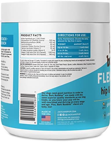 Jack&Pup Dog Joint Supplement Flex-Agility Bark Buddies | Glucosamine Chondroitin for Dogs | Hip and Joint Chews for Dogs (5oz, 60 Ct)