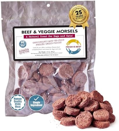 Fresh Is Best Beef & Veggie Morsels Freeze Dried Dog Treats – Raw Freeze Dried Dog Food for Cats & Canines – Training Treat in Resealable Zipper Bag – Grass-fed & Finished Beef Made in the USA