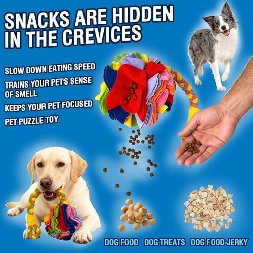 MYLIFESION Leash-Attached Snuffle Ball, Dia 6 inch Dog Treat Toy, Puppy Dog Puzzle Toy, Snuffle Ball for Dogs, Cats, Rabbits, Hamsters，Train Sense of Smell, Slow Down Their Eating Pace