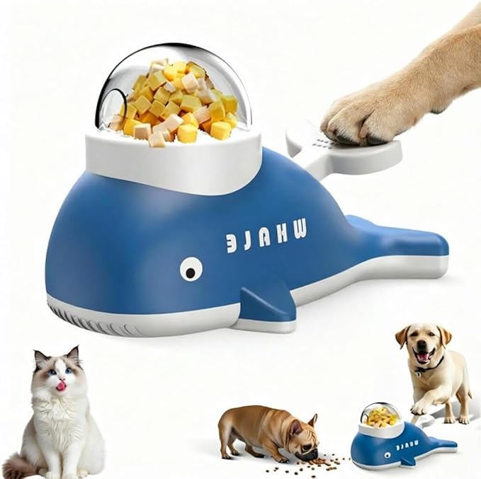 Interactive Dog Treat Dispenser Toy, Whale Shape Puzzle Feeder with Press Button and Rotating Design, Blue and White, Slow Feeding Game for Dogs and Cats
