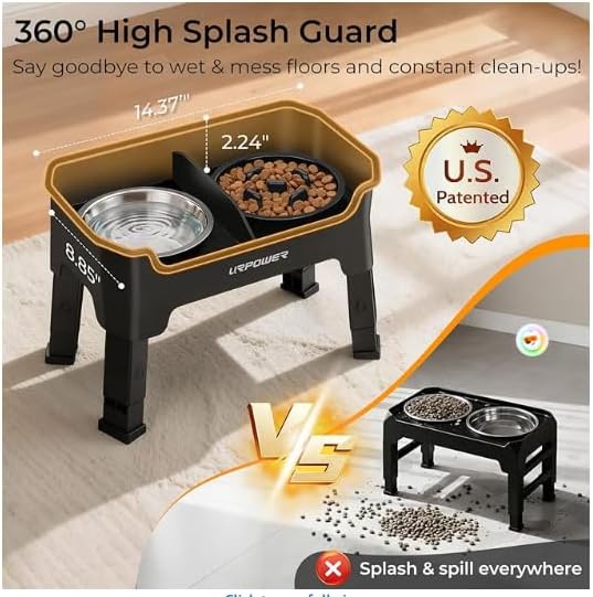 URPOWER 3-in-1 Elevated Dog Bowls - Mess Proof Double Deck 4 Height Adjustable Raised Stand with 2 Stainless Steel Food Bowls & Licking Plate for Small, Medium Dogs