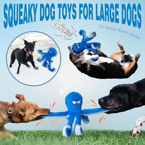 LEGEND SANDY Tough Dog Toys, Stuffed Chew Large Dog Toys to Keep Them Busy, Interactive Squeaky Tug of War Doggie Toy, Crinkle Blue Octopus | Interactive Tug of War Puppy Toys, Crinkle Stuffed Octopus for Small Medium and Large Breeds, Birthday Gift fo...