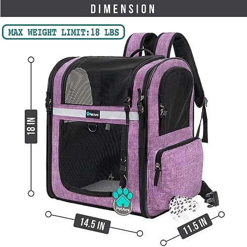 PetAmi Dog Backpack Carrier, 4-Way Entry Ventilated, 18 lbs, Purple