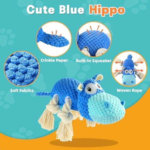 TOOPTATE Hippo Squeaky Dog Toy, Blue, Medium | Cute Plush Design, Rope Legs for Tugging, Helps Keep Dogs Busy, Suitable for Small, Medium, and Large Dogs