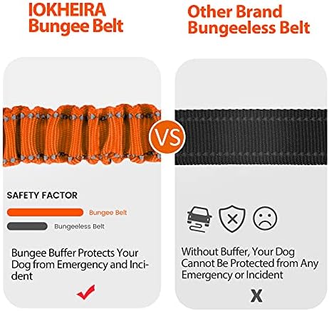 IOKHEIRA Dog Seatbelt - Orange, Adjustable Reflective Bungee, Aluminum Swivel Carabiner