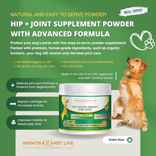 Infinite Pet Life Hip & Joint Supplement Powder for Dogs - Glucosamine, MSM, Chondroitin & Tumeric | Advanced Mobility Support for All Ages & Active Dogs - 12.7 oz