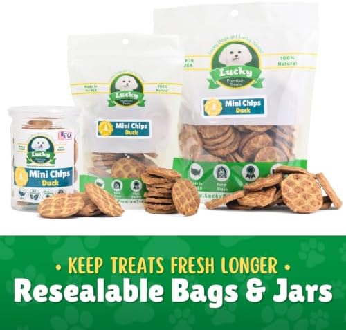 Lucky Premium Treats Duck Mini Chips Dog Treats – Unique Protein Duck Jerky Dog Treats, Made in USA, High Protein, Tender Crunchy Training Treats for Dogs, Bite-Sized Rewards - 3 oz.