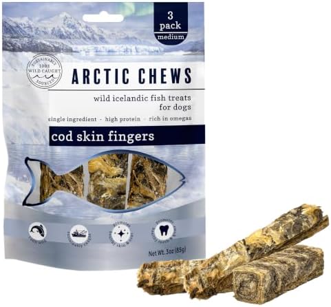 Cod Skin Fingers Dog Treats, Single Ingredient Wild-Caught Icelandic Fish Skins, High Protein Natural Dental Chews, Omega-3 Rich Grain-Free Dog Treats, 3 Pack