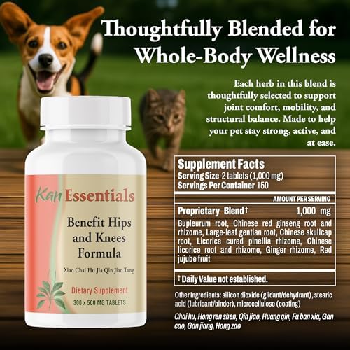 Kan Herb Company Benefit Hips and Knees Formula – Traditional Chinese Herbal Blend for Dogs and Cats to Support Joint Comfort Mobility and Digestive Balance Supplement Tablets for Pets, 300 Tablets