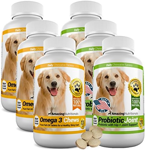 Amazing Combo Omega-3 Fish Oil and Probiotics for Dogs - Pure All-Natural Pet Antioxidant - Promotes Shiny Coat, Brain Health, Eliminates Diarrhea Gas and Joint Pain, 120 Tasty Chews x 6