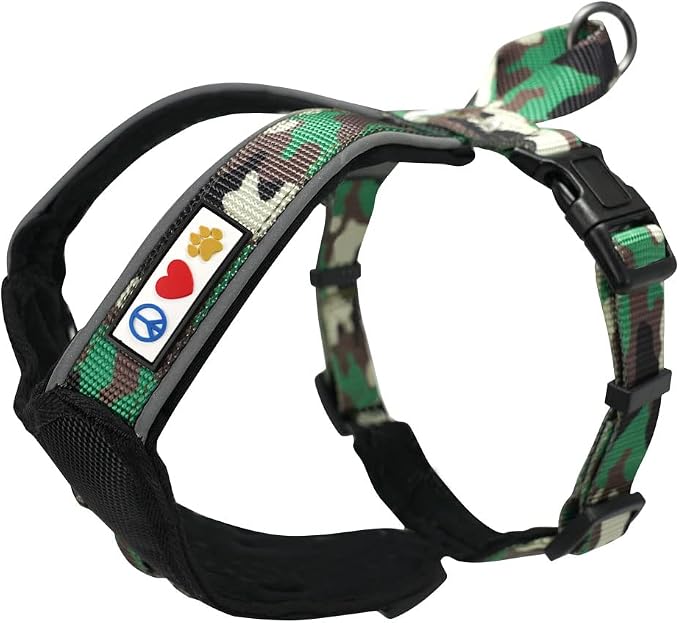 Pawtitas Reflective Padded Dog Harness for Medium Dogs – Adjustable Step-in Vest | Fits Chest 22–28 in | No Pull Training Harness | M | Green Camouflage