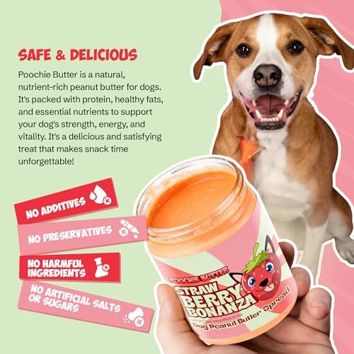 Poochie Butter Strawberry Dog Peanut Butter - Made in USA, Creamy Spread for Lick Mats & Food Toppers - Dry-Roasted Peanuts Non-GMO No Sugar Added Dog Treats | 12 oz (Pack of 2)