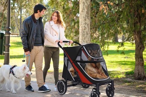 Large Dog Stroller - Black-Red, up to 88lbs, 4-Wheel All-Terrain