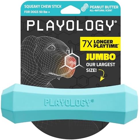Playology Squeaky Chew Stick - Scented Dog Toy - Jumbo, Peanut Butter Scent | Rubber Construction, All Natural Scent, Durable Design