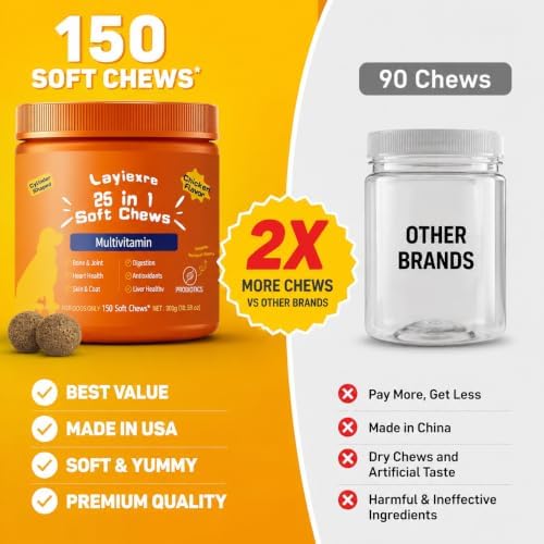Dog Multivitamin Chewable, 150 Chews, 25-in-1 with Glucosamine, Probiotics, Omega 3, Hip and Joint, Skin and Coat, Immune Support, for Senior and Puppy