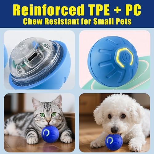 BIONEMAGILI Interactive Self-Moving Pet Toy Ball - Motion-Activated Auto Rolling, Military-Grade Chew Resistant, USB-C Rechargeable for Small Dogs & Cats (Blue, Small/Medium Sizes)