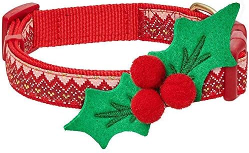 Blueberry Pet Christmas Dog Collar for Small Dogs, Festive Chevron Design with Detachable Holly Décor & Bow, Adjustable Neck 12"-16"