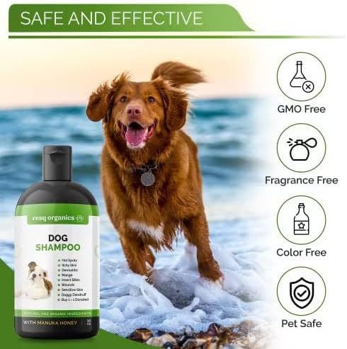Hypoallergenic Dog Shampoo, Cleans and Soothes Dry Flakey Skin 16oz | Reduce Dandruff, Shedding, Calms Itching, Scratching, Organic Aloe & Manuka Honey Softens Fur Moisturizes and Deodorizes
