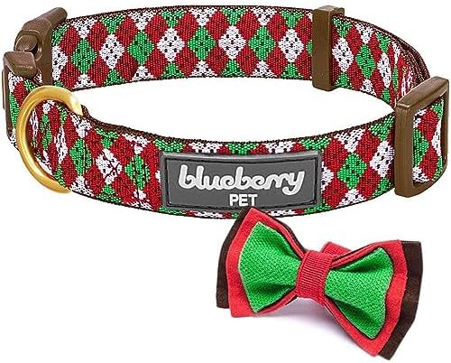 Blueberry Pet 4 Patterns Christmas Party Fair Isle Style Adjustable Dog Collar with Detachable Bow Tie, Small, Neck 12"-16"