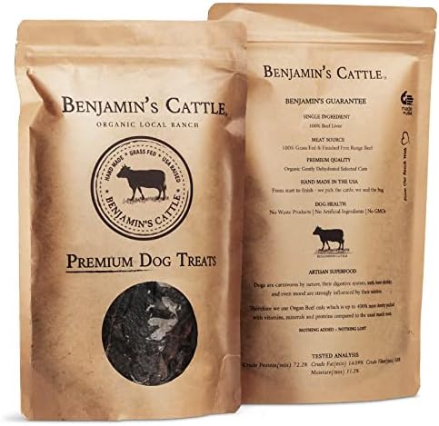 Benjamin's Cattle Single Ingredient - Organic Grass FED & Finished Beef Liver Dog Treats - Hand Made Dog Treats - Healty Dog Chews - Treats for Dogs Made in USA -5oz