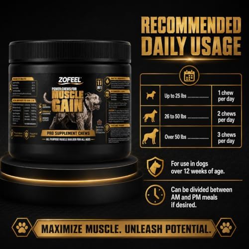 Dog Muscle Gain Power Chews, 11-in-1 Dog Amino Acid Supplement with Glucosamine, Salmon Oil, Ashwagandha, Turmeric & BCAAs, 120 Soft Chews 10.58oz