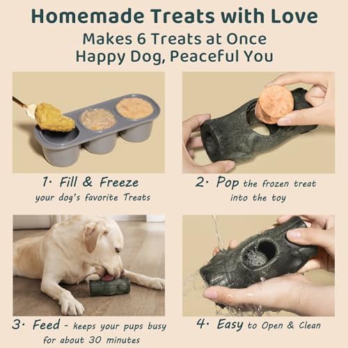 MENGJINGO Dog Treat Toy and Silicone Treat Tray for Dogs 25-75 lbs | Long-Lasting Toy for Chewers, Safe for Medium/Large Dogs, 6-Cavity Silicone Tray for Homemade Frozen Treats, Easy to Use