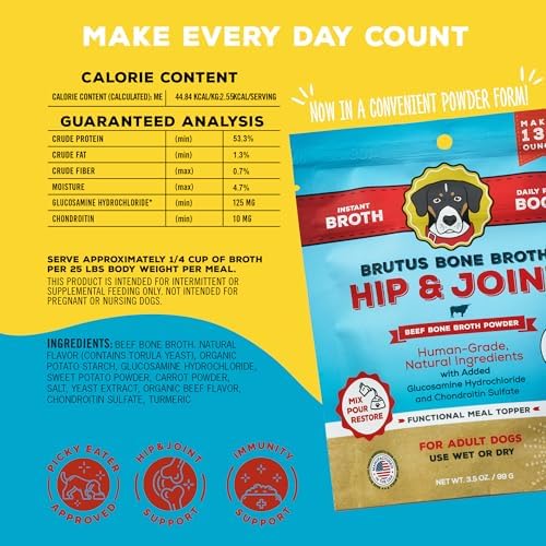 Brutus Broth Dog Food Topper - Instant Bone Broth Powder for Adult Dogs - Supports Hip and Joint Function - Human-Grade Quality, Serve Dry or Wet - Beef Flavor, 3.5 oz (Pack of 1)