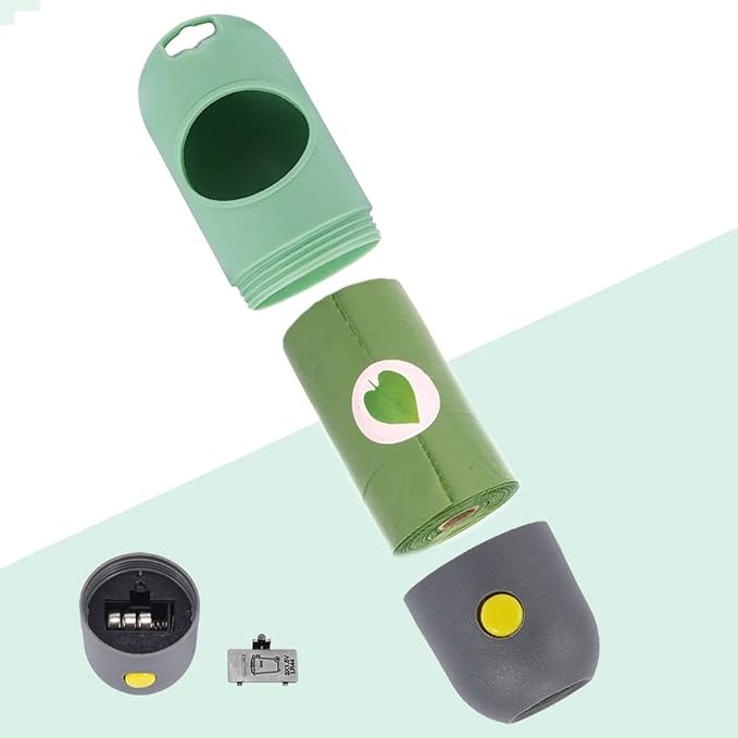 Dog Poop Bag Dispenser with Built-in LED Flashlight and Metal Clip for Leash, Pet Waste Bag Holder, Dog Walking Accessory, Mint Green