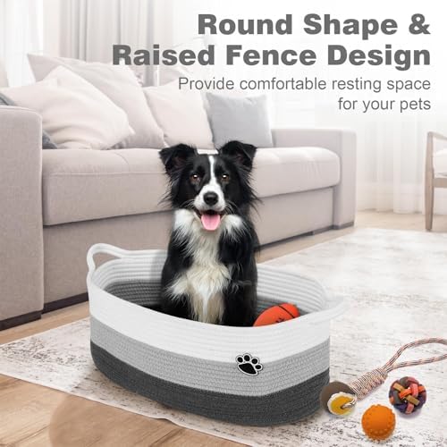 Optish Dog Toy Basket, 30L Toy Box and Bin for Dog Cat Storage, 19.7" X 11" X 7.9" Large Woven Rope Basket for Blankets, Living Room, Bedroom, White & Grey