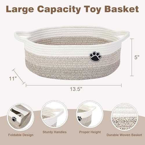 Optish Dog Toy Basket, Toy Box and Bin for Dog Cat Storage, 13.5" X 11" X 5" Small Woven Rope Basket for Baby Storage, Closet, Living Room, White & Brown