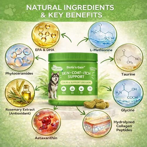 Biotic’s Gain Dog Skin & Coat Soft Chews Supplement – Omega-3 EPA & DHA, GLA, Zinc & Biotin to Support Healthy Skin and a Shiny Coat (120, Skin & Coat)