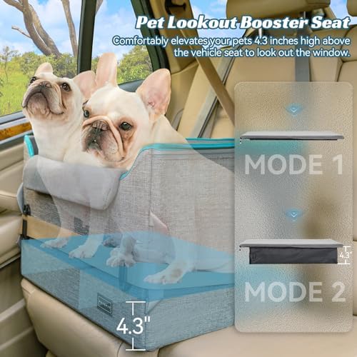 PETSFIT Dog Booster Car Seat, Small/Medium Dogs, 2 Clip-On Leashes, Storage Pockets, Under 45 lbs, Grey
