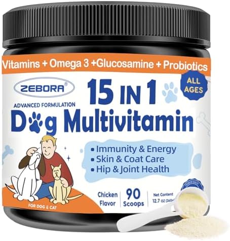 ZEBORA Dog Vitamins Powder - Multivitamin for Dogs & Cats - 90 Scoops | with Glucosamine, Probiotics & Omega 3, Dog Vitamins and Supplements for Immune Support, Skin and Coat