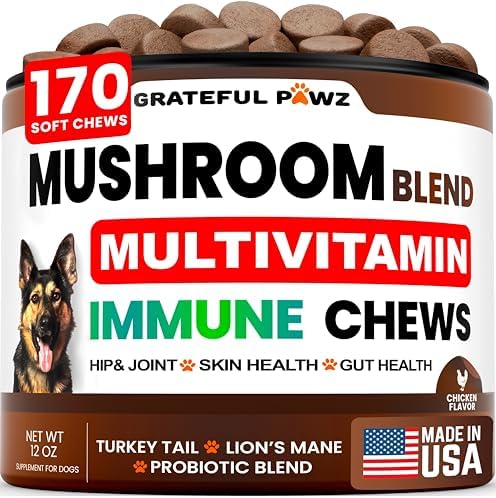 Turkey Tail Mushroom Supplement for Dogs - Mushrooms for Dogs - 170 Chews | Reishi, Lion’s Mane, Glucosamine Multivitamin - Immune Booster, Gut, Hip & Joint Health Support Vitamins, Energy & Skin