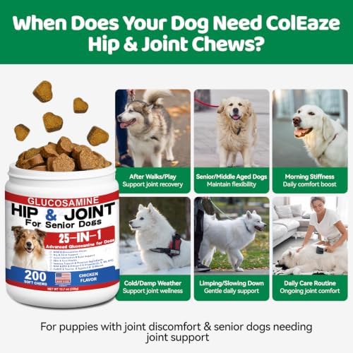 Dog Hip & Joint Supplement – 25-in-1 Glucosamine Chews for Dogs, Chicken Flavor – with MSM, Green Lipped Mussel, Turmeric, Yeast, Omegas & Vitamins – Mobility Support for All Breeds & Ages, 200 ct