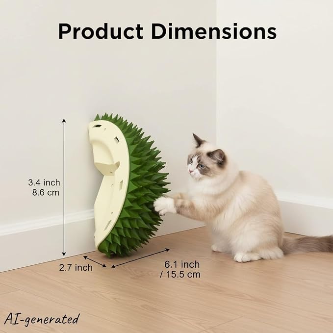 Durian Shaped Cat Self Groomer & Scratch Brush - Funny Fruit Design Cat Massage Brush for Shedding and Itch Relief, Plush Grooming Station with Handle